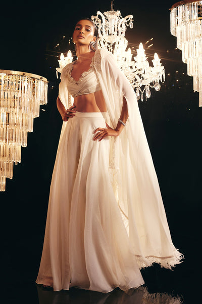 RIDHIMEHRA-Ivory thread embroidered net blouse with embroiderd ggt cape paired with organza sharara