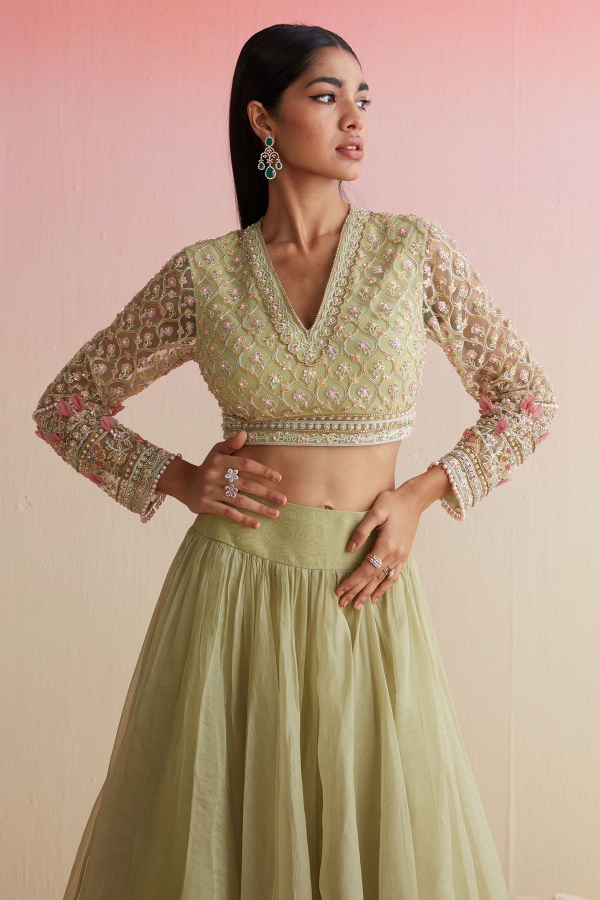 RIDHIMEHRA-MINT GREEN NET EMBROIDERED BLOUSE PAIRED WITH PLAIN ORGANZA