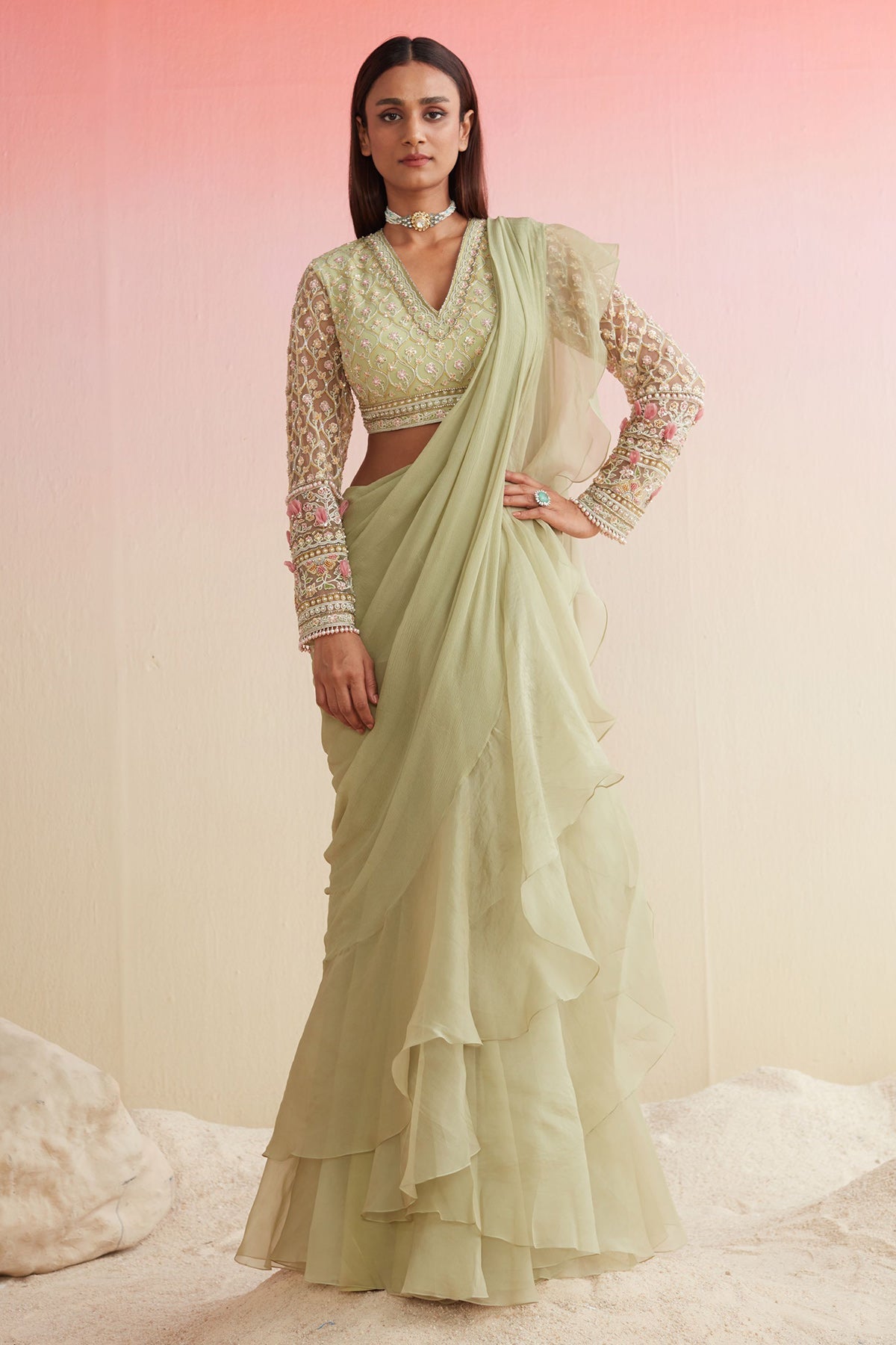 RIDHIMEHRA-MINT GREEN NET EMBROIDERED SAREE