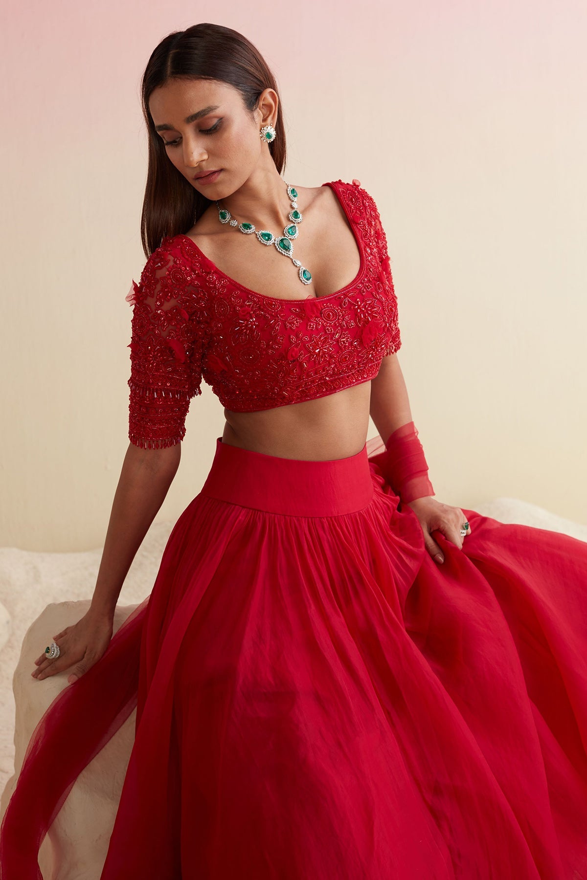 RIDHIMEHRA-RED EMBROIDERED NET-BLOUSE PAIRED WITH PLAIN-ORGANZA SKIRT