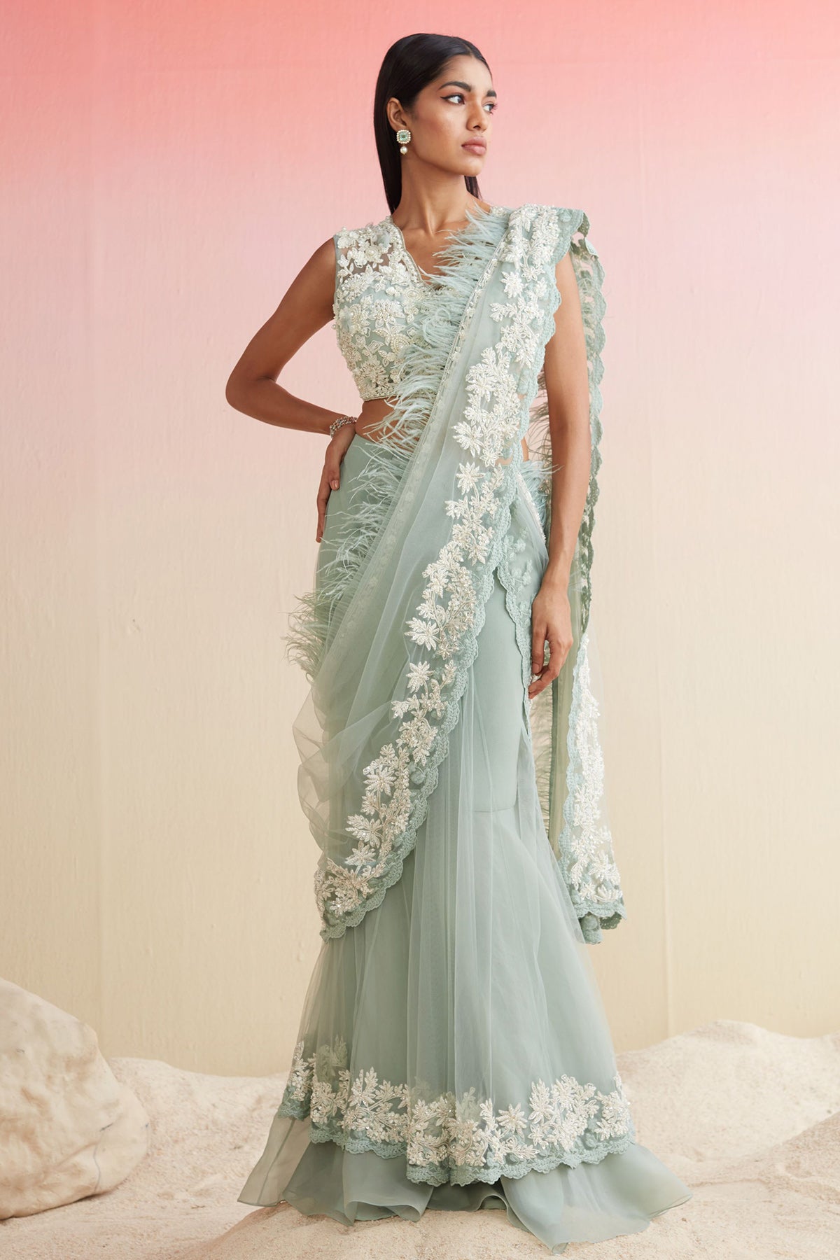 RIDHIMEHRA-SEA GREEN EMBROIDERED SAREE