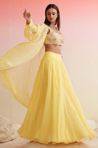 RIDHIMEHRA-YELLOW NET EMBROIDERED BLOUSE PAIRED WITH PLAIN ORGANZA