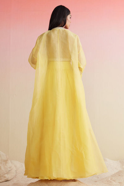 RIDHIMEHRA-YELLOW NET EMBROIDERED BLOUSE PAIRED WITH PLAIN ORGANZA SKIRT