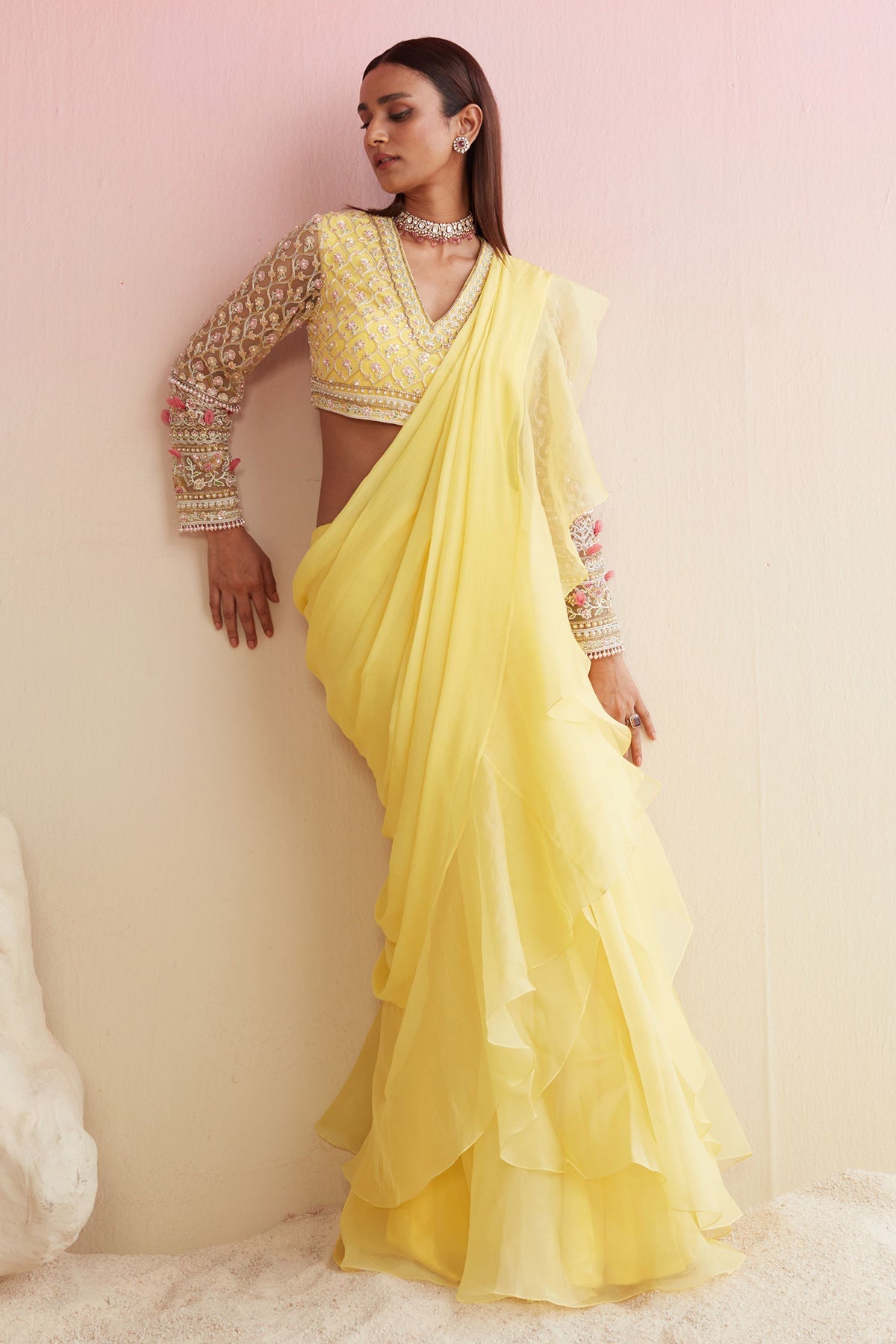 RIDHIMEHRA-YELLOW NET EMBROIDERED SAREE