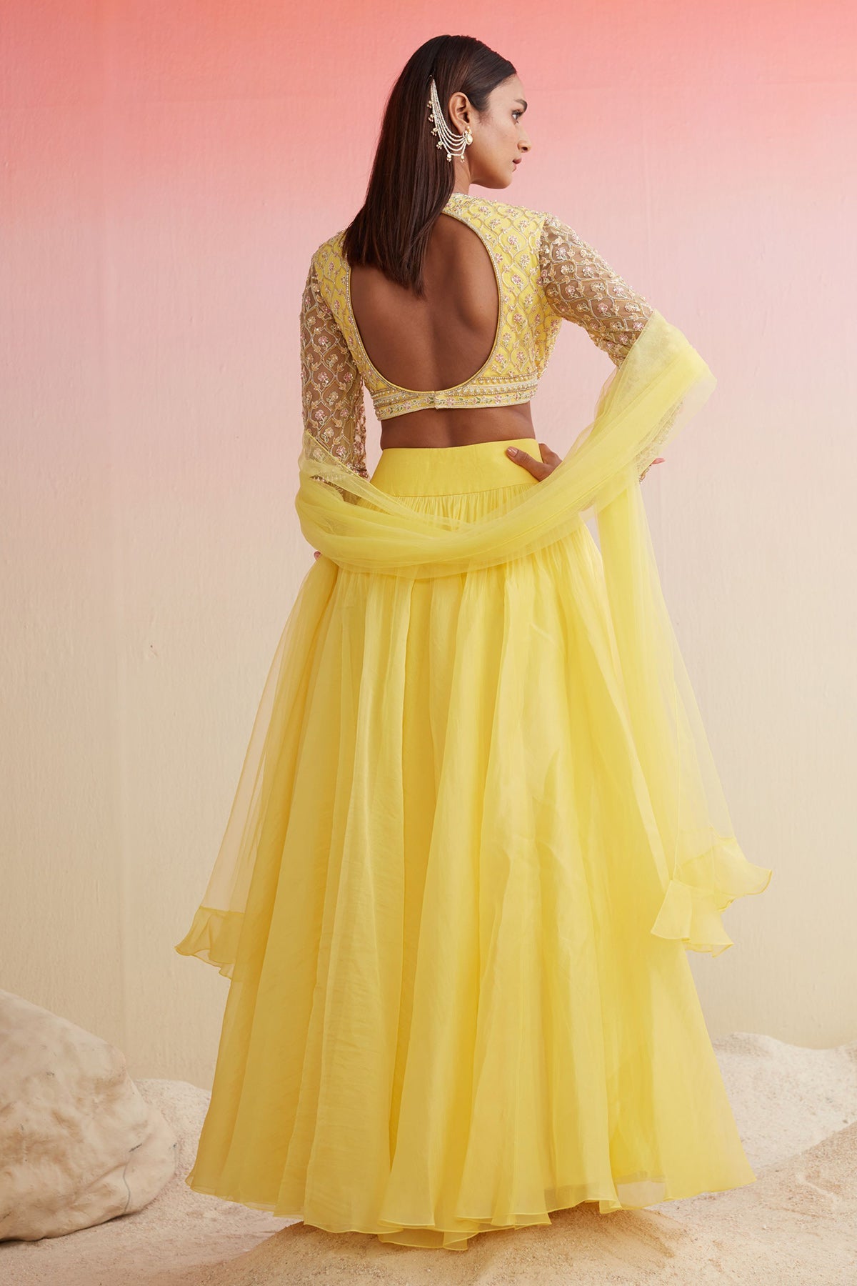 RIDHIMEHRA-YELLOW NET FULL SLEEVES EMBROIDERED-BLOUSE PAIRED WITH PLAIN ORGANZA