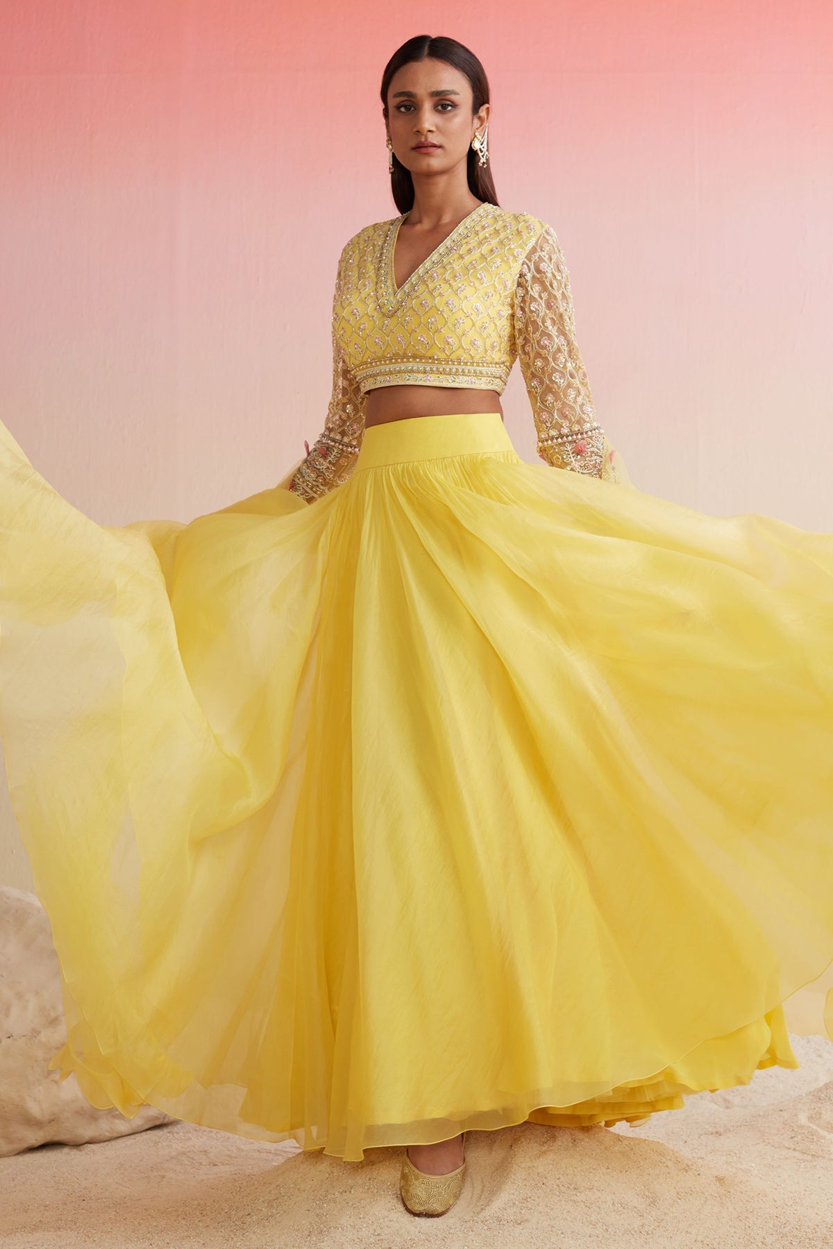 RIDHIMEHRA-YELLOW NET FULL SLEEVES EMBROIDERED BLOUSE PAIRED WITH PLAIN ORGANZA