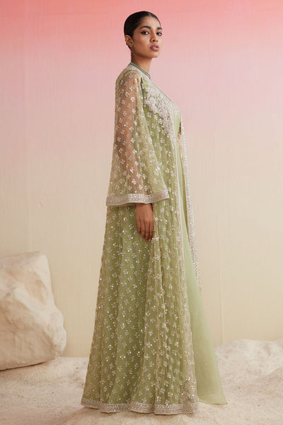 RIDHIMEHRA-MINT EMBROIDERED NET JACKET AND ORGANZA