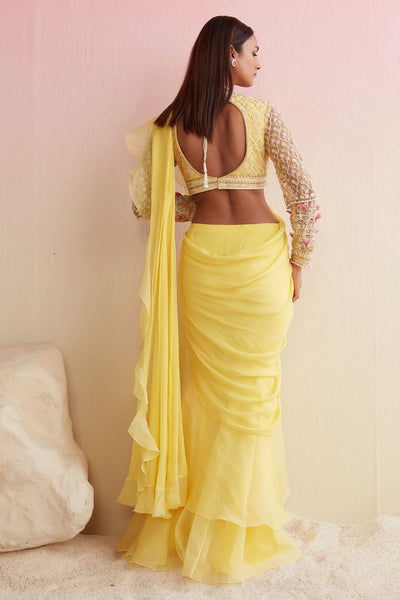 RIDHIMEHRA YELLOW NET EMBROIDERED SAREE