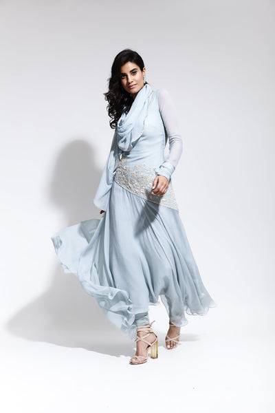 Ice Blue Embroidered Tunic Set
