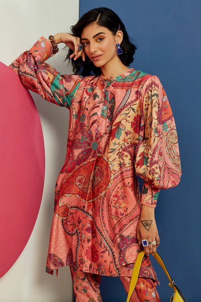 RIDHI_MEHRA_Multicoloured printed chanderi high low kurta paired with chanderi salwar pants