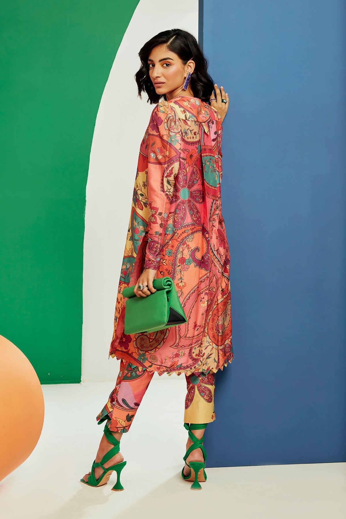 RIDHI_MEHRA_Multicoloured printed chanderi straight long kurta with puff sleeves