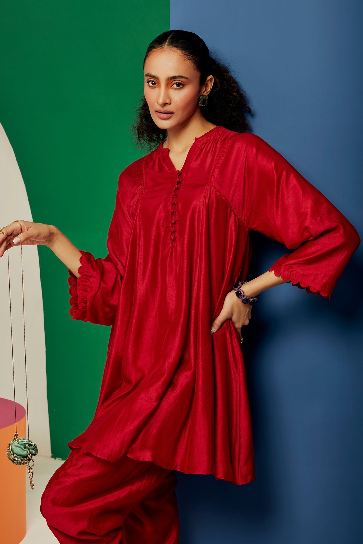 RIDHI MEHRA Red silk flared short kurta with tulip pants