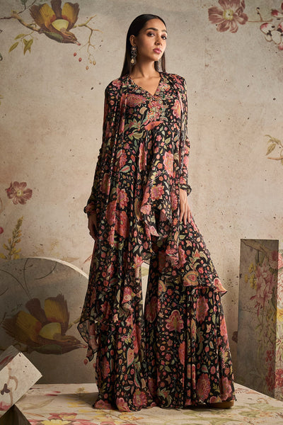 RM-Black Chiffon Printed Embroidered Draped Tunic With Printed Chiffon Garara