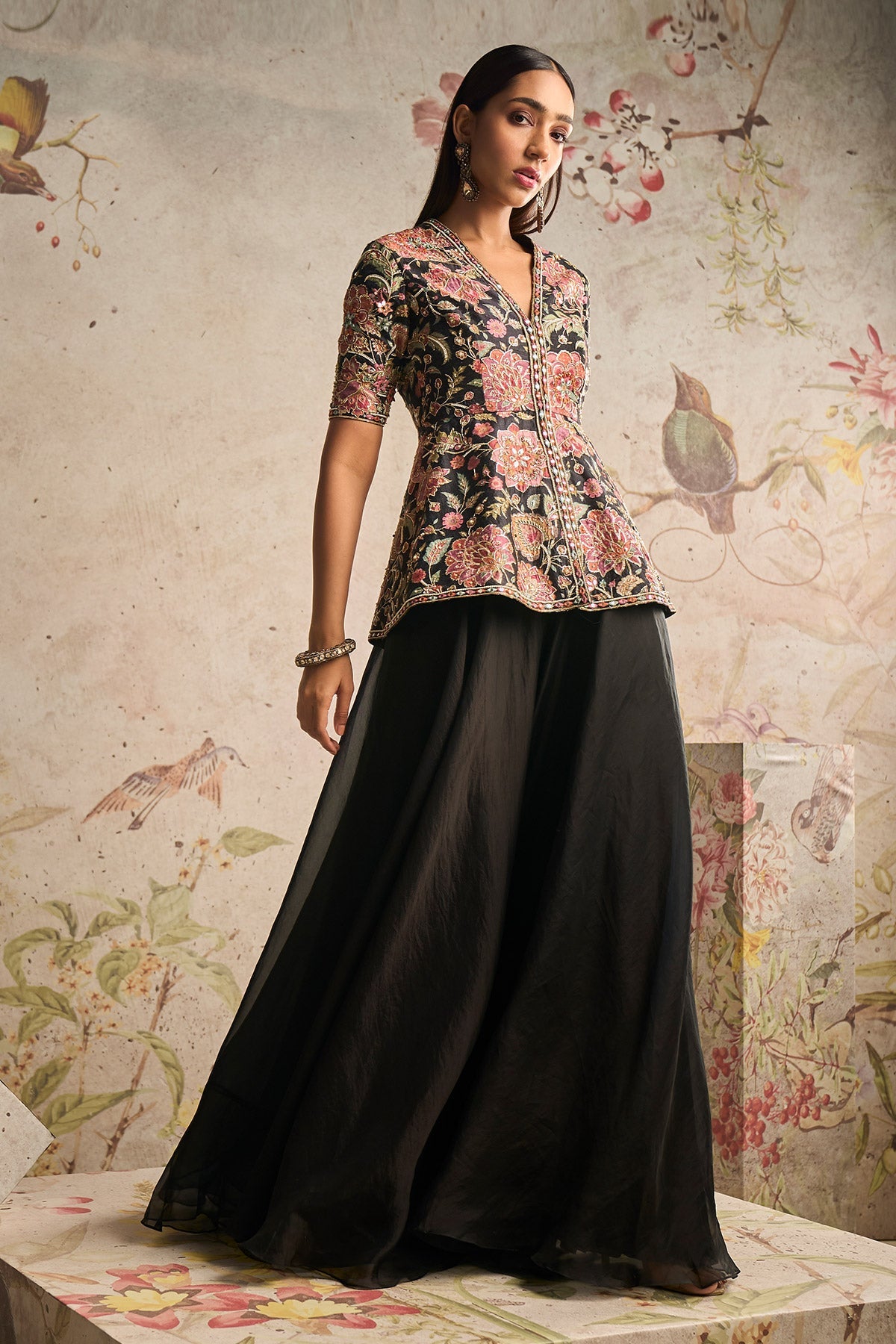 RM-Black Printed Raw Silk Embroidered Peplum With Black Solid Organza Flared Sharara