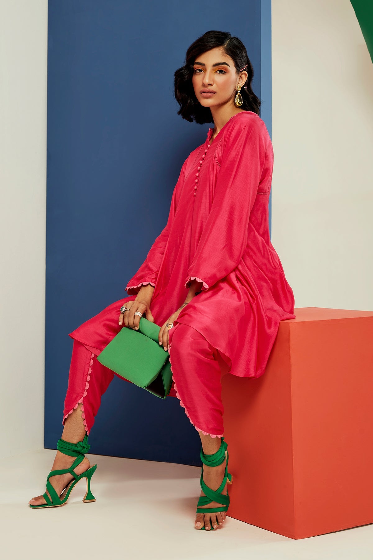 RM-Bright-Fucshia silk flared short kurta with tulip pants