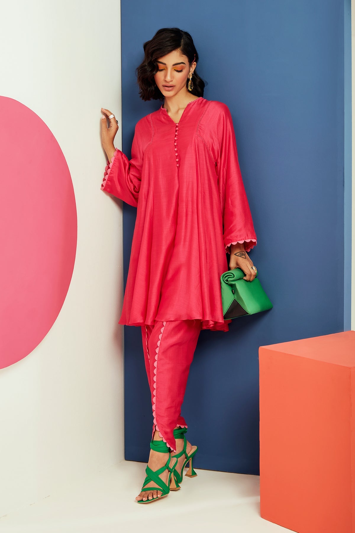 RM-Bright Fucshia silk flared short kurta with tulip pants