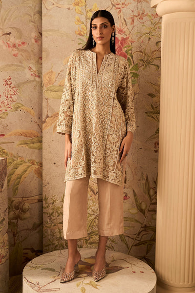 RM-Champagne net embroidered kali kurta with silk pants