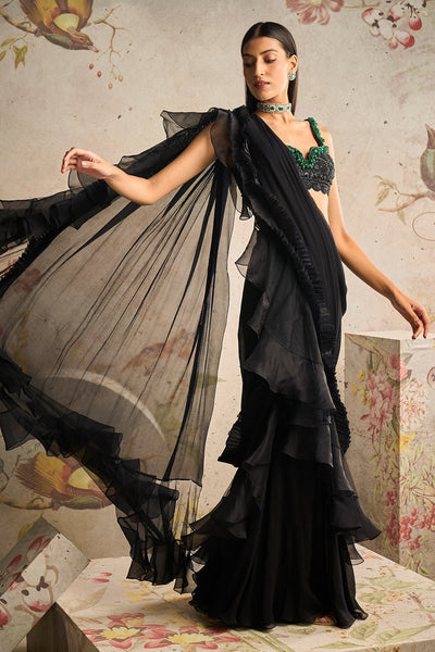 RM-Chiffon-Drape Saree With Organza Ruffle Detailing