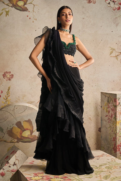 RM-Chiffon Drape Saree With Organza Ruffle Detailing