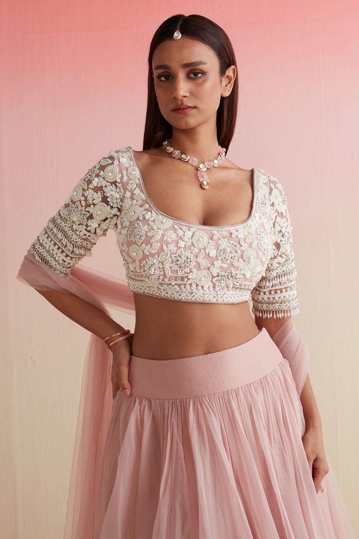 RM-DUSKY PINK EMBROIDERED NET-BLOUSE SKI-T ORGANZA