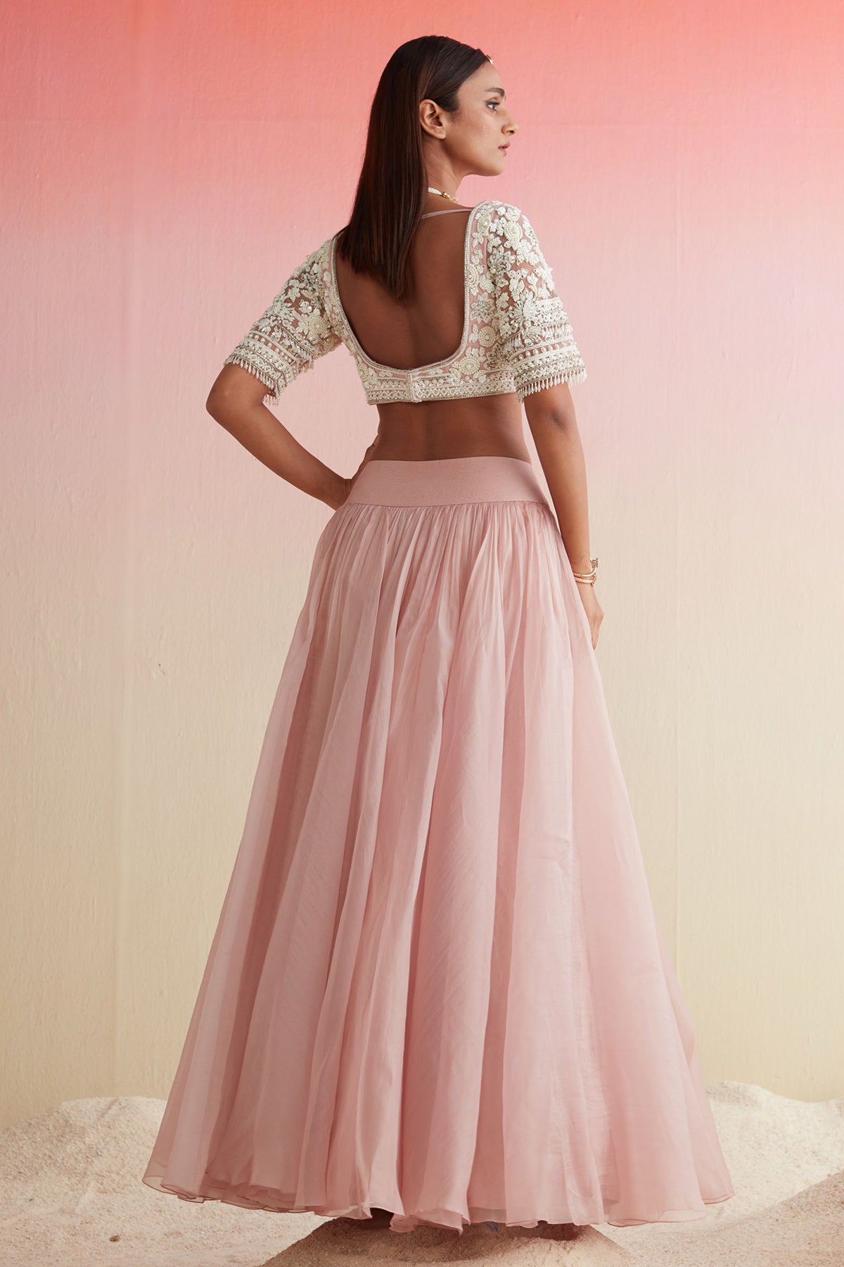 RM-DUSKY PINK EMBROIDERED NET BLOUSE SKIRT ORGANZA