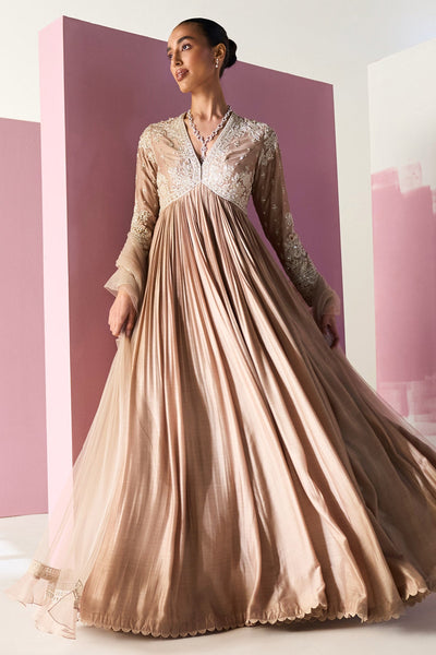 RM-Dark Champagne Fine Silk Embroidered Full Length Anarkali