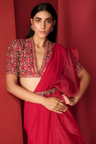 RM-Deep fuchsia raw silk jeweled embroidered Saree