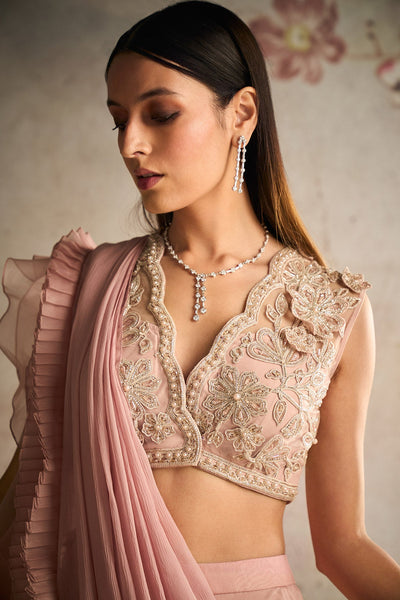 RM-Dusky Pink Net Embroidered Blouse With Organza Sharara