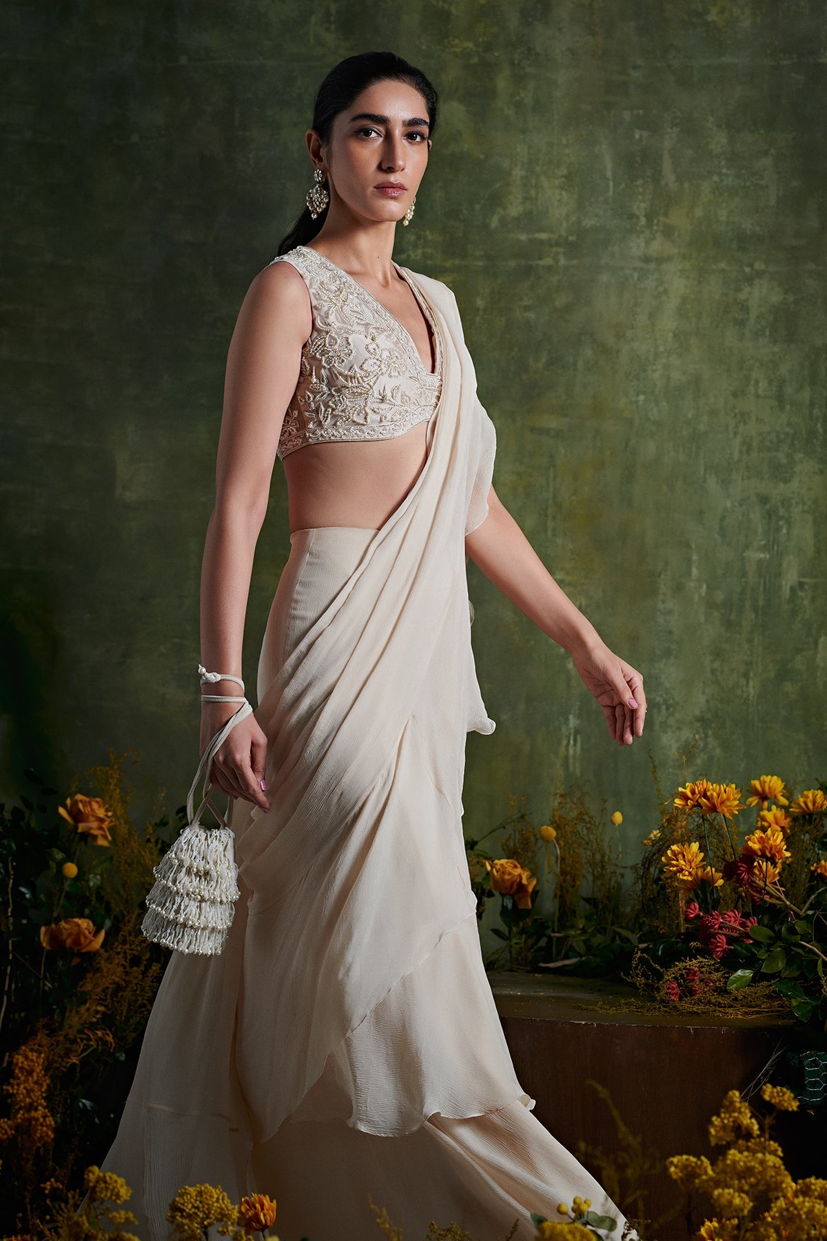 RM-Embroidered blouse with chiffon draped slit saree