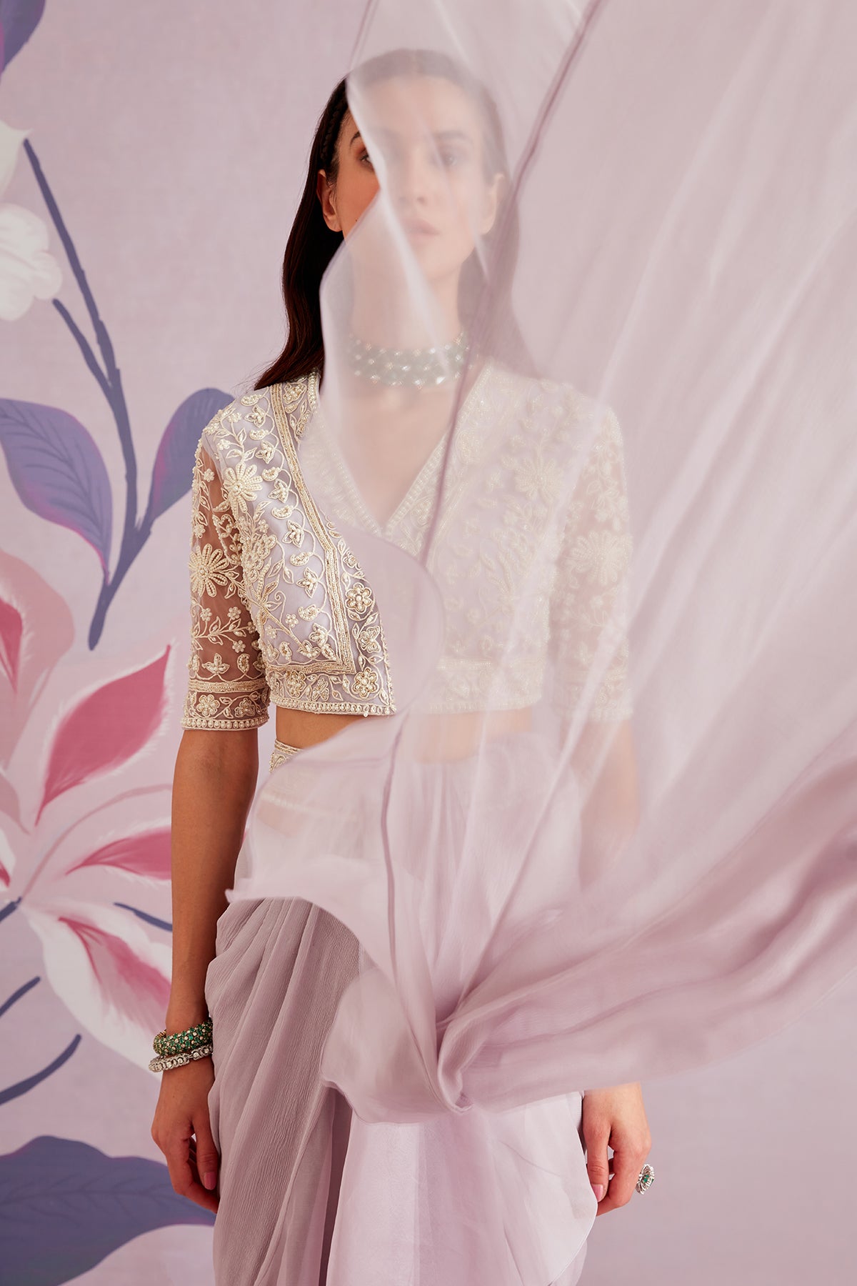 RM-Embroidered-net blouse with organza chiffon draped saree