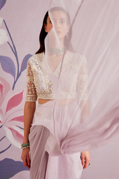 RM-Embroidered-net blouse with organza chiffon draped saree