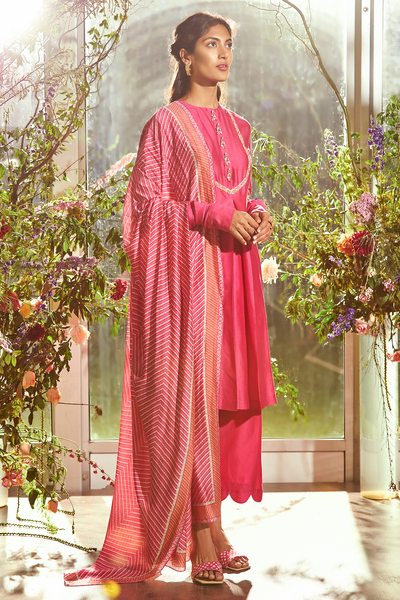 RM-Fuschia embroidered chanderi kurta-pants set with Bandhani printed fine silk dupatta