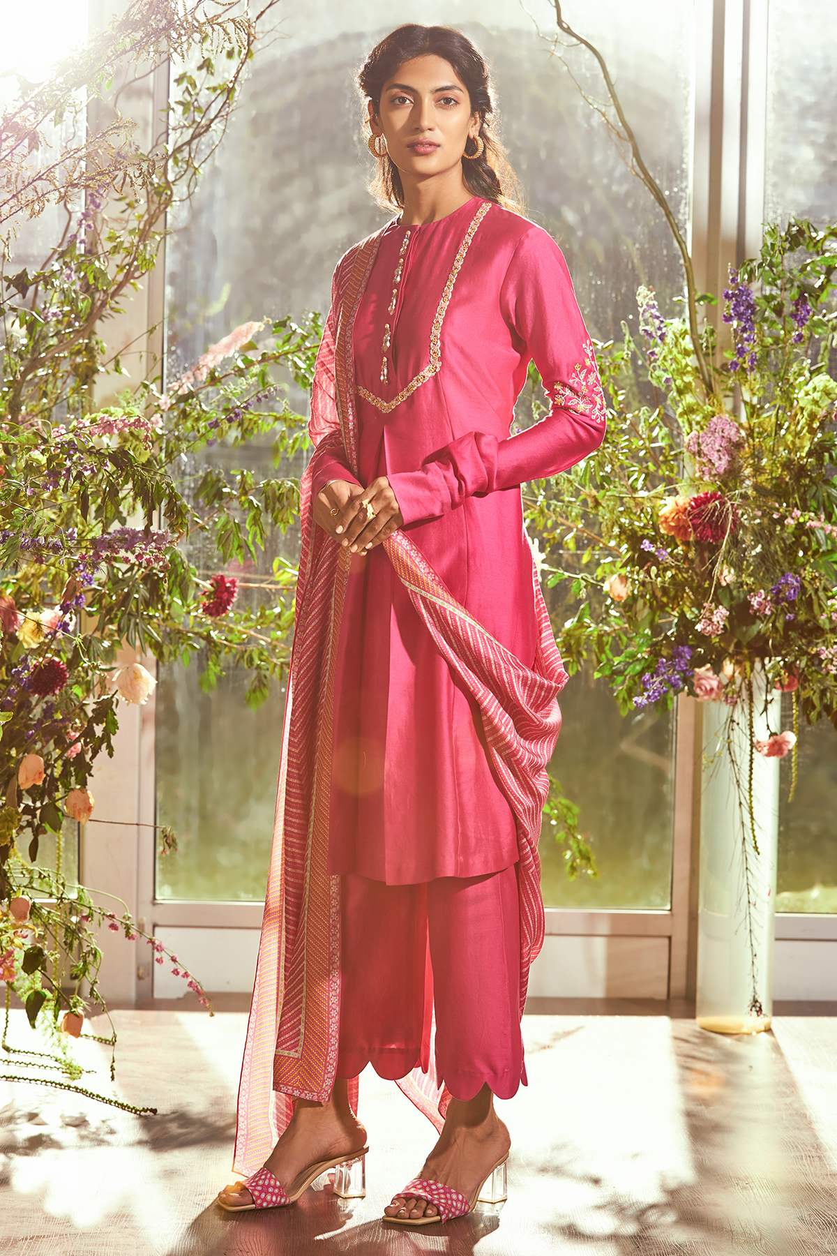 RM-Fuschia embroidered chanderi kurta-pants set with Bandhani printed fine silk dupatta