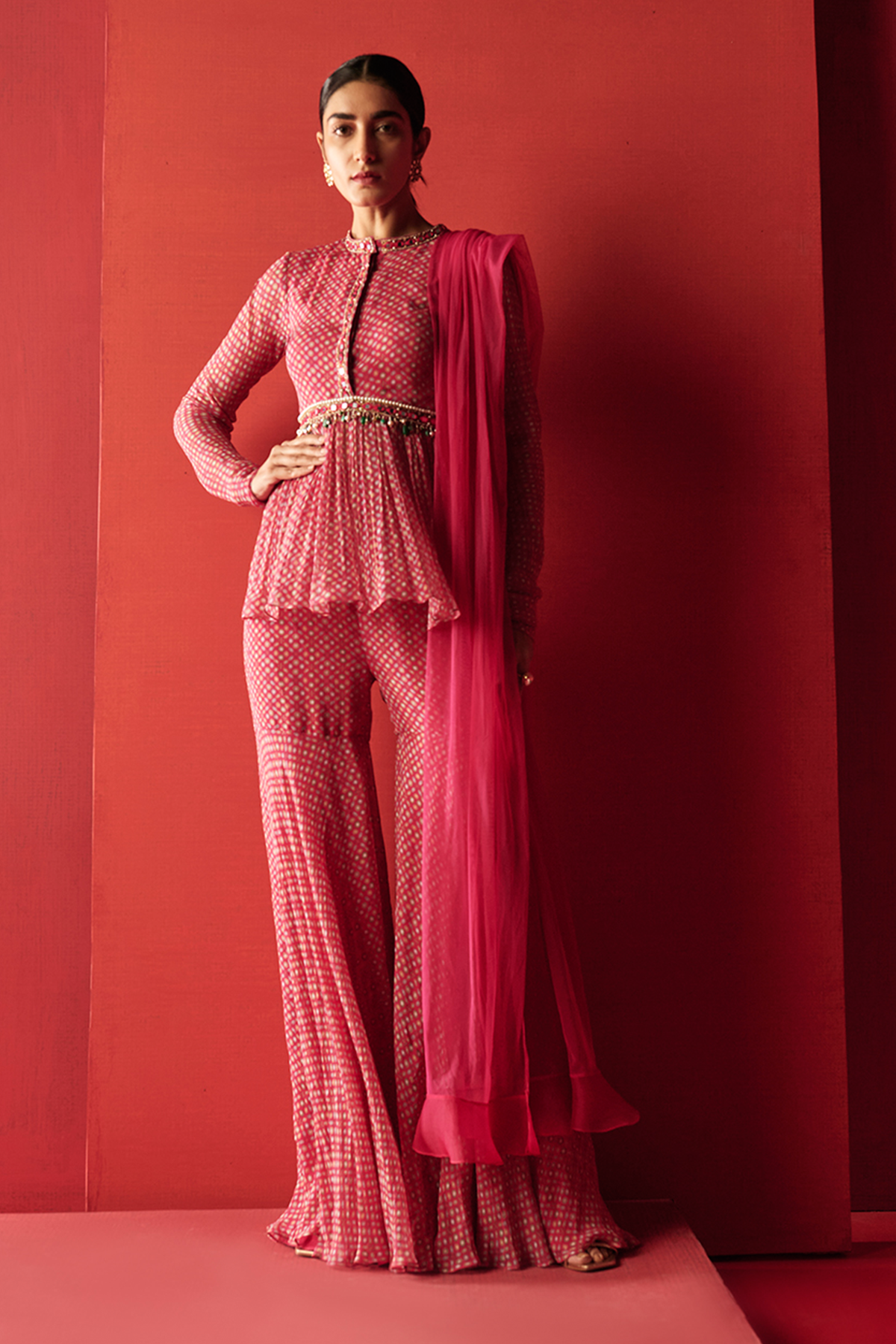 RM-Fuschia folk printed chiffon embroidered peplum paired with a printed sharara