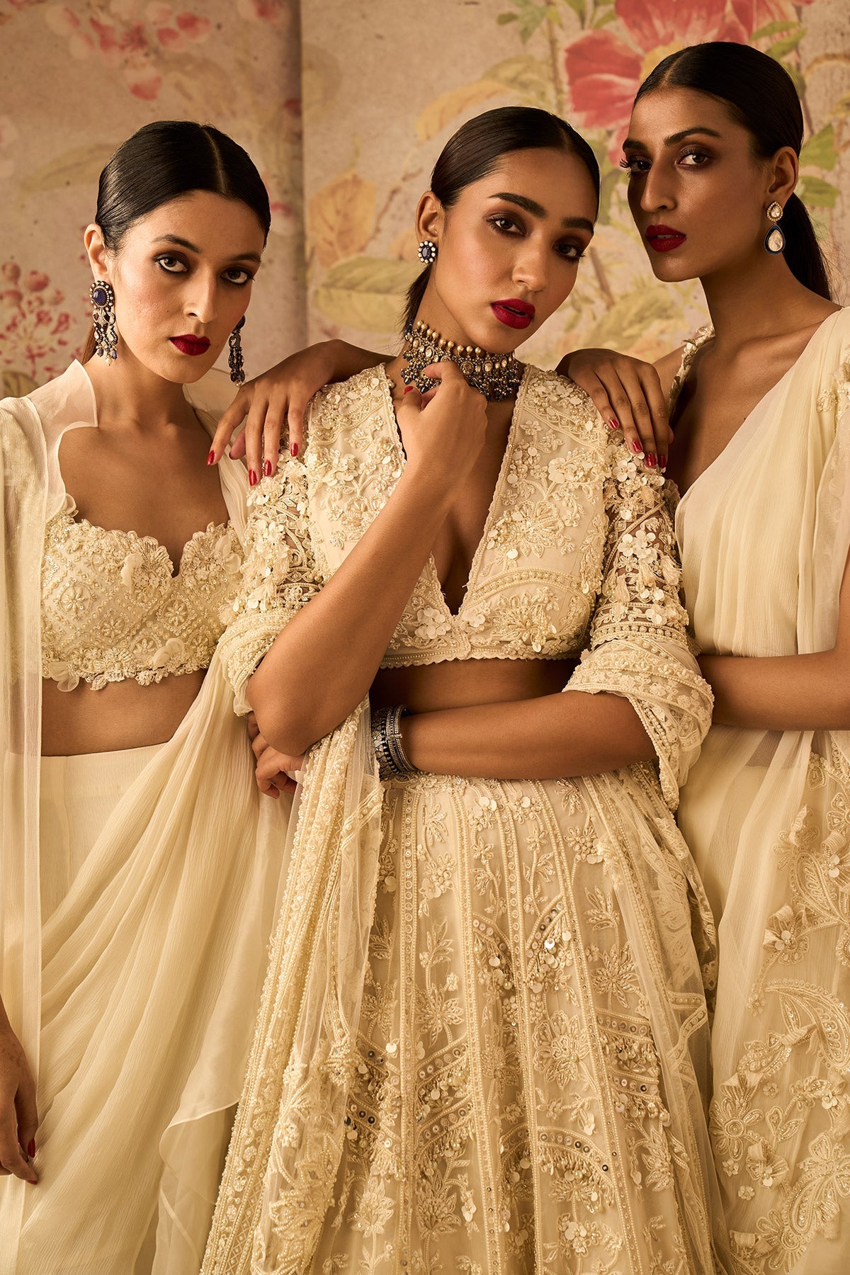 RM-Ivory Net Embroidered Blouse and Chiffon-Draped Saree