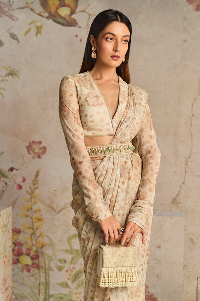 RM-Ivory Printed Chiffon Full Sleeves-Saree