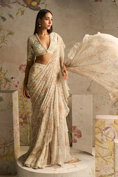 RM-Ivory Printed Raw Silk Embroidered Saree