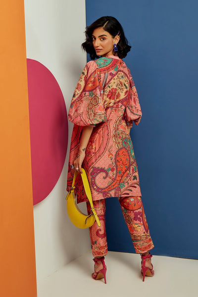 RM-Multicoloured printed chanderi high low kurta paired with chanderi salwar pants