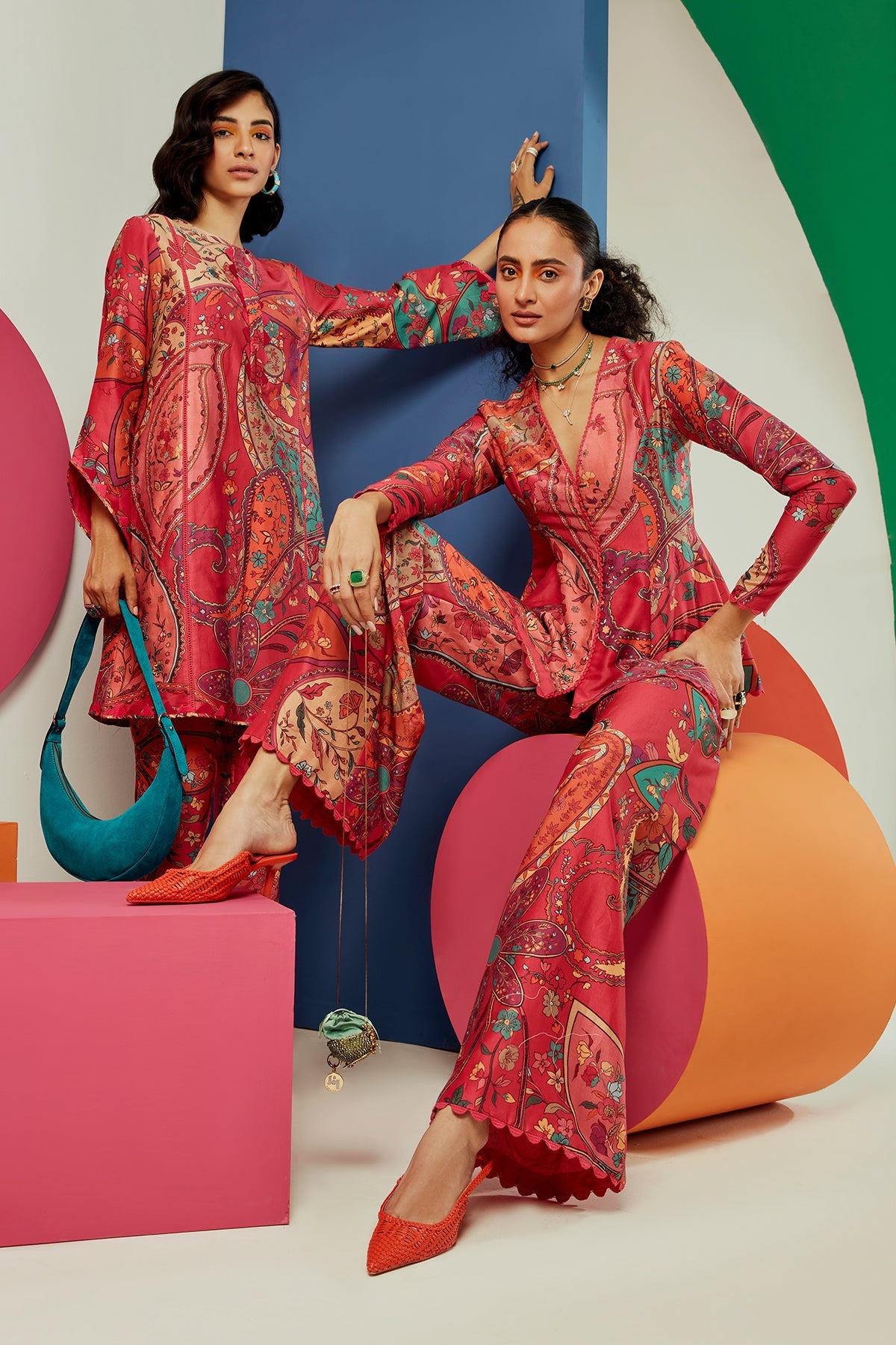 RM-Multicoloured printed Chanderi Peplum top paired with flared pants