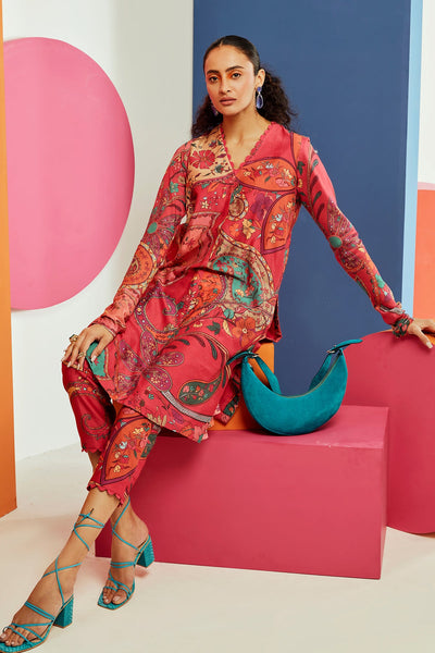 RM-Multicoloured printed chanderi straight long kurta with churi sleeves paired with pants