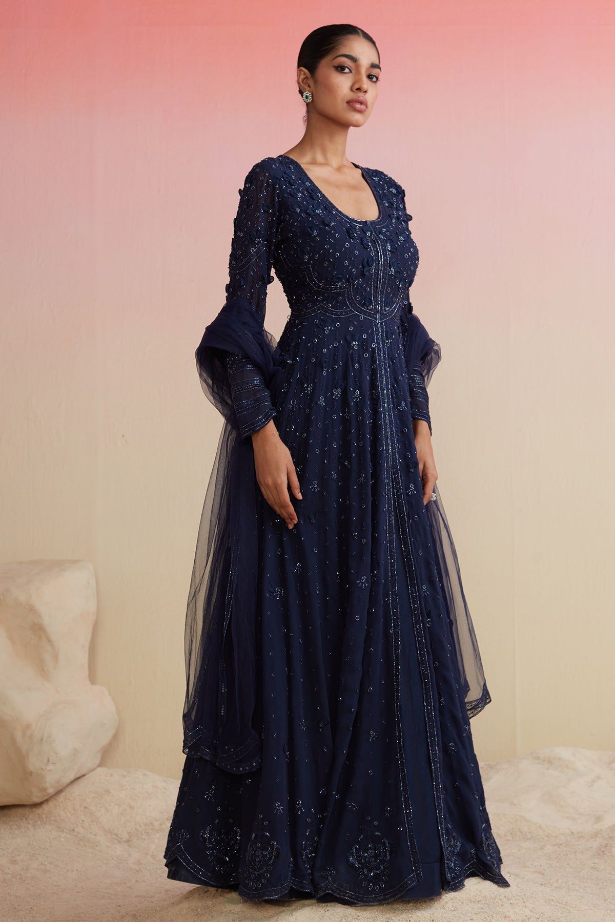 RM-NAVY GEORGETTE EMBROIDERED LONG ANARKALI