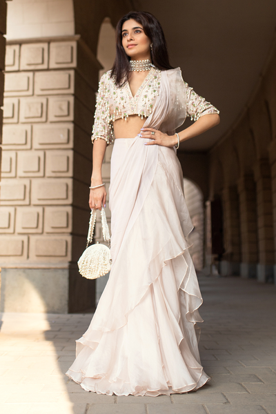 RM-Pearl Drop Blouse with Chiffon and Organza Ruffled saree