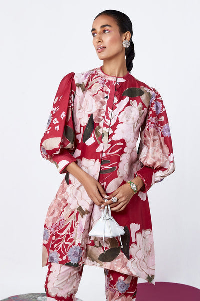 RM-Red Multicoloured printed chanderi high low kurta paired with chanderi salwar pants