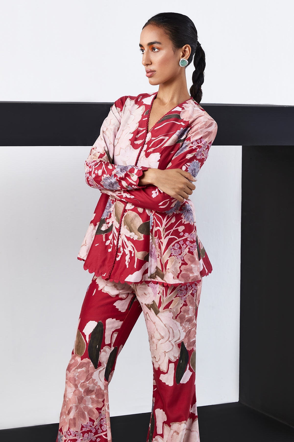 RM-Red Multicoloured printed chanderi peplum  paired with pants 