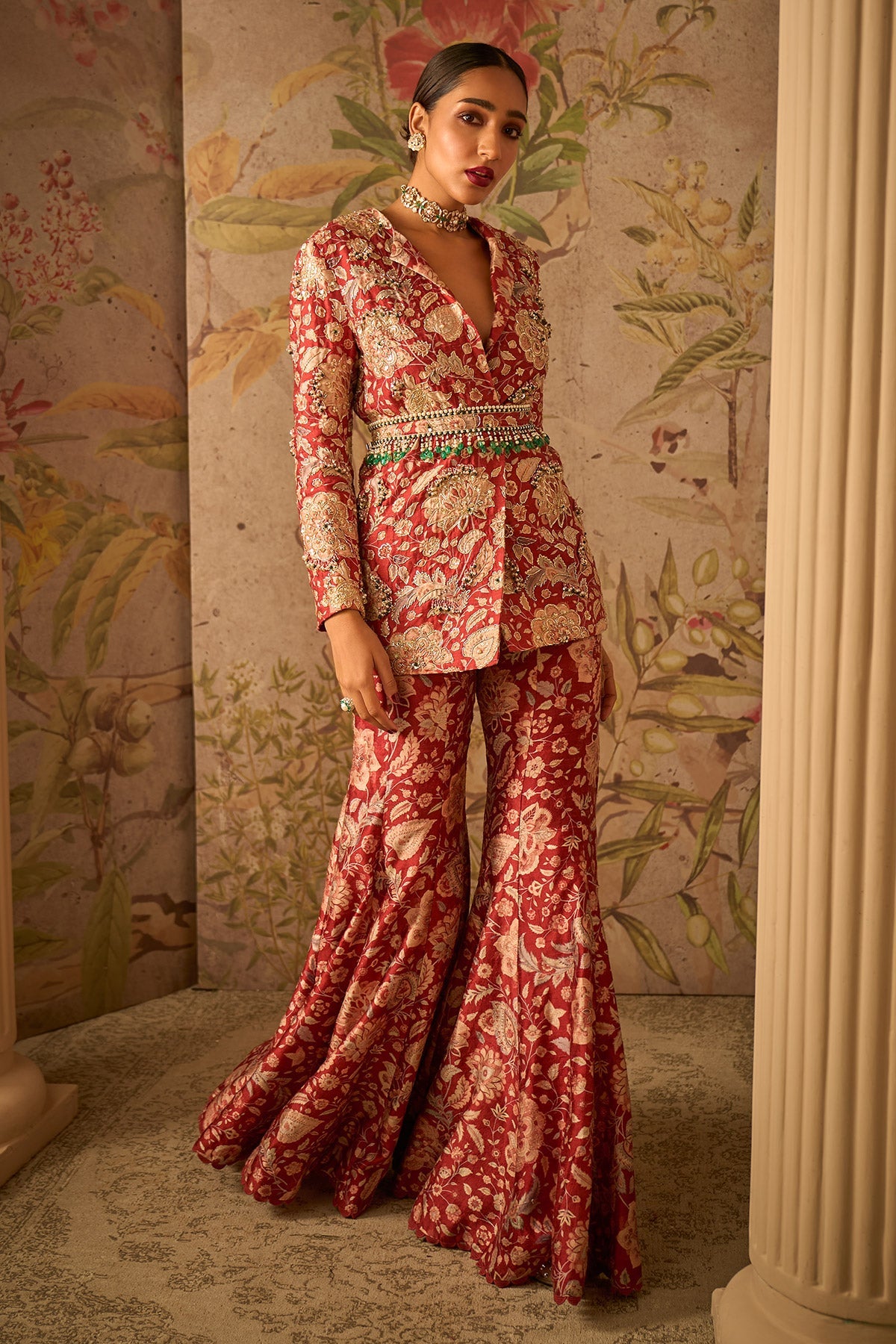 RM-Red Printed Raw Silk Embroidered Jacket and Printed Flared Pants With Embroidered Printed Belt