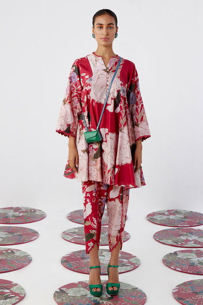 RM-Red Multicolored Print flared short kurta with tulip pants 