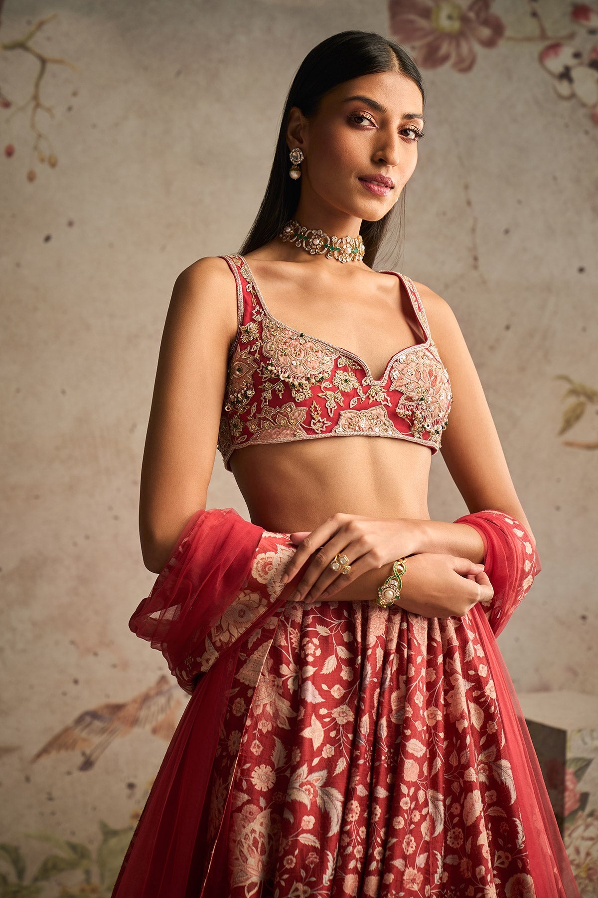 RM-Red Net Embroidered Applique Embroidered-Lehenga