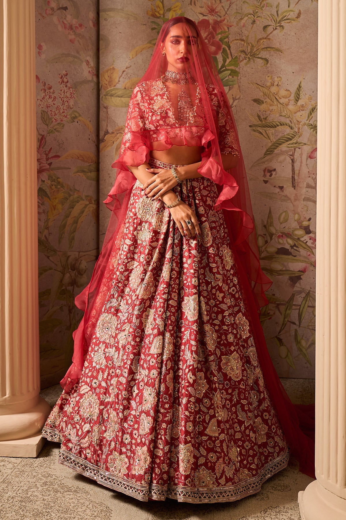 RM-Red Printed Raw Silk Embroidered lehenga