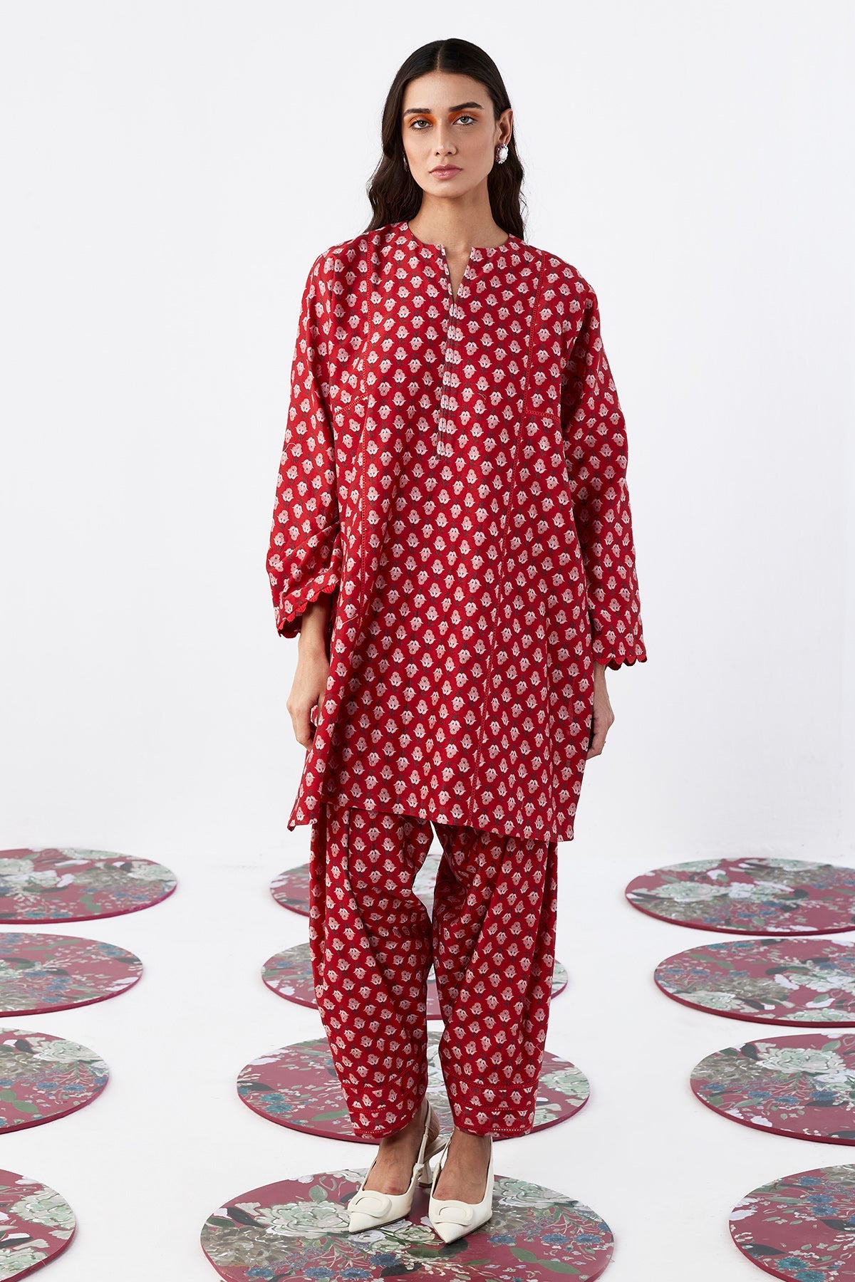 RM-Red boota printed kali kurta with pants