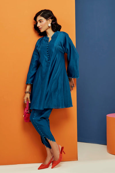 RM-Royal blue chanderi flared short kurta with tulip pants